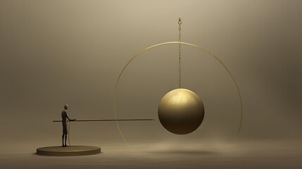 A man swings a bronze pendulum. The composition is a figurine of a man with a long pole reaching for a gong. Start process. Generative AI. Illustration for banner, cover, brochure or presentation.