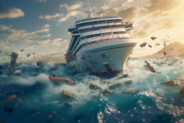  a heavy Cruise ship drown into the sea , ship in the storm  - obrazy, fototapety, plakaty