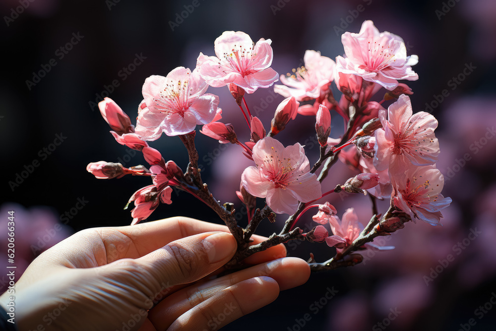 Wall mural discover the delicate beauty of a spring flower with the shadow of a female hand cast upon it. gener