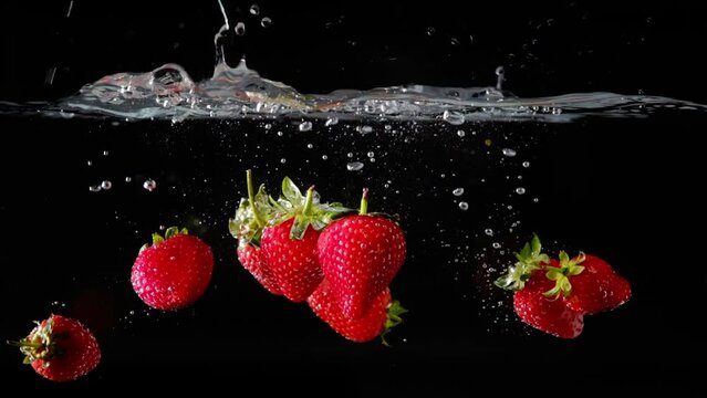 Strawberries are slowly motion dropped into the water with black background