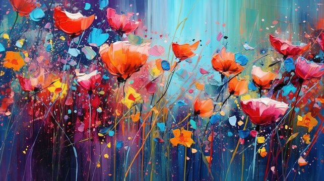 Red poppies. Blooming summer meadow with colorful wildflowers. Beautiful artistic image. Fresh summer flowers. Generative AI. Illustration for banner, card, postcard, poster, cover or presentation.