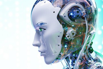 Face of female robot with wires. Digital cyborg. Artificial intelligence concept. Background in technology style. Generative AI. Illustration for for banner, poster, cover, brochure or presentation