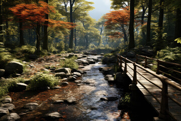 Explore the tranquility of a wooden bridge amidst a forest, inviting you to take a peaceful stroll surrounded by nature's beauty.Generative Ai, Ai.