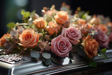 Pay homage to the solemnity of funeral services with an image of flowers placed on a coffin, signifying remembrance, mourning, and the beauty of honoring a life. Generative Ai, Ai.