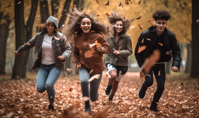 springende lachende Freunde im Park genießen den Herbst, generative AI