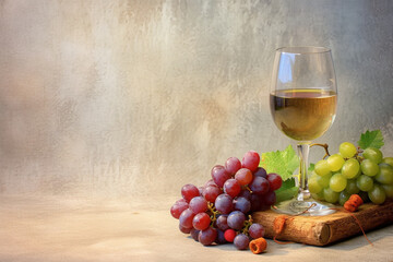 A glass of wine and grapes on light rustic background. Still life with wine and grapes. Generative AI