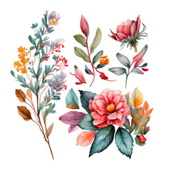 Set of floral watercolor arrangements for greeting card, Generative AI 