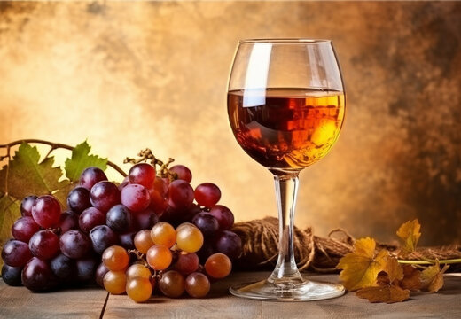 A glass of wine and grapes on light rustic background. Still life with wine and grapes. Generative AI