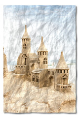 Obraz premium Sendcastles on a sunny beach with blue sky. Concept of leisure, holiday, vintage nostalgia memory