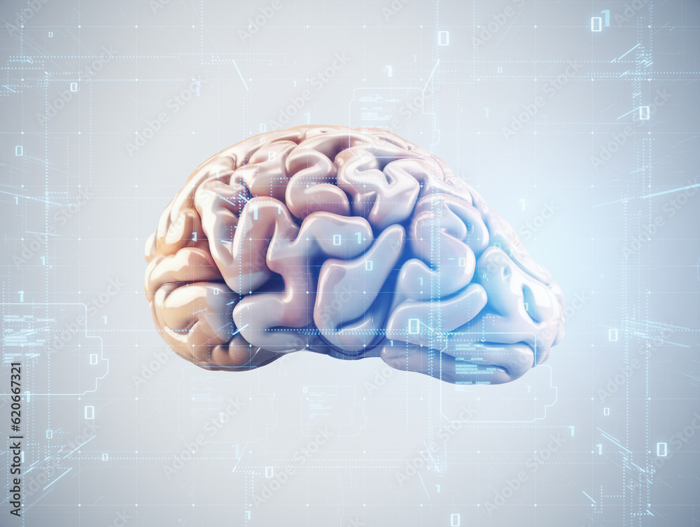 Poster Human brain in cyberspace on light background, artificial intelligence and neural network concept. Generative AI