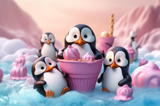 penguins and fresh ice cream rendering minimal background