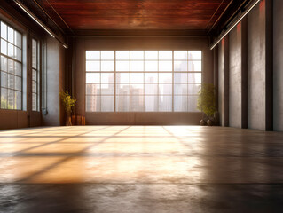 Fototapeta na wymiar Front view of sunny empty loft interior room with concrete floor. Generative AI