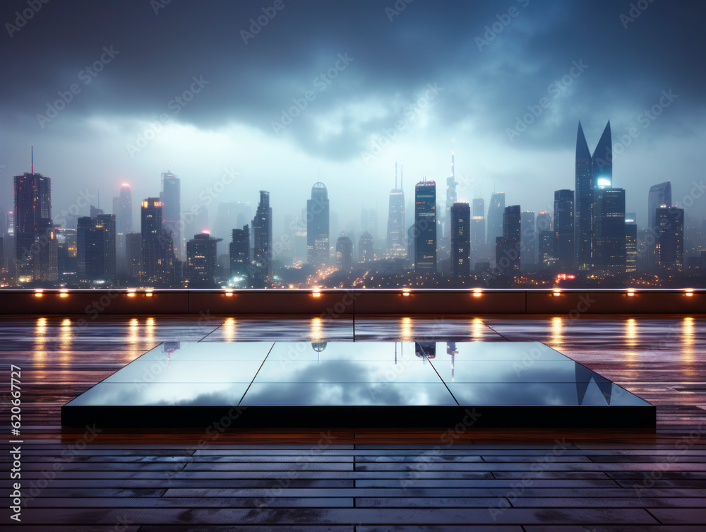 Poster abstract modern rooftop with mirrored podium on a skyline background. generative ai