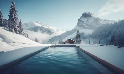 Abwaschbare Fototapete Dunkelgrau Wellness Entspannung im warmen Pool im Winter, generative AI