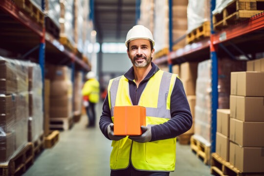 Worker in a warehouse, Caucasian man in high visibility vest and hard hat helmet, carton box in his hands, blurred shelves stacks background. Generative AI