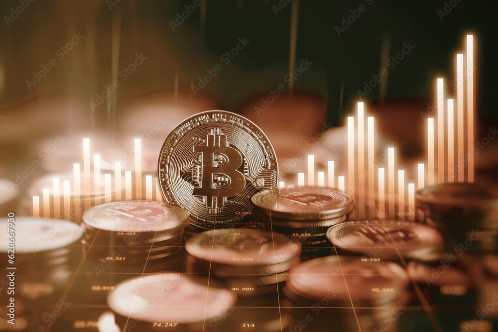 Poster bitcoin background with digital financial upward graphic, cryptocurrency concept. generative ai