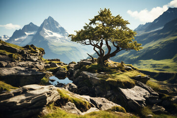 Lonely tree in the mountains created with Generative AI