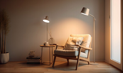  a living room with a chair, lamp and a table.  generative ai