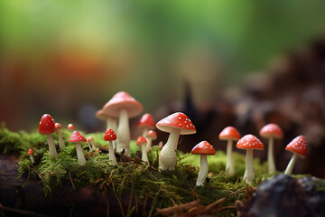 closeup of beautiful toadstools on moss created with Generative AI