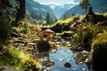 Toadstools on the flowing stream in the mountains