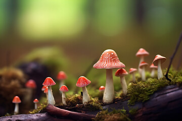 Miniature toadstools in the moss created with Generative AI