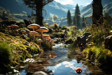 Mushrooms at the flowing stream in the mountains created with Generative AI