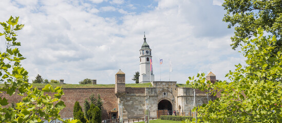 The Belgrade Sahat Tower, Clock Tower, built in the middle of the 18th century, Baroque style, located at Belgrade fortress, Kalemegdan. Serbia, Europe.