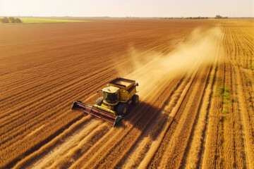 Harvester combine working on a field in afternoon, aerial drone view - agriculture concept. Generative AI