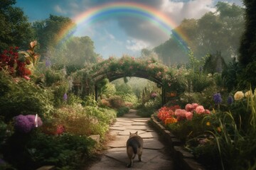 Heavenly garden for pets with rainbow bridge and ethereal clouds. Symbolizes afterlife for animals. Generative AI
