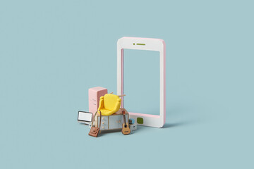 Miniature furniture and items in front of smartphone mockup.