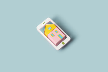 Paper craft cute little house inside smartphone mockup.