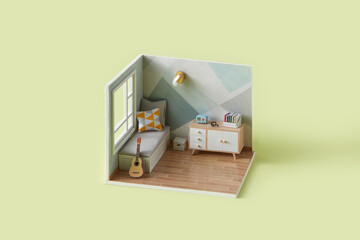 Room interior with tiny furniture and modern minimal design.