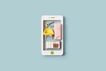 Flat lay of handmade furniture inside smartphone mockup.