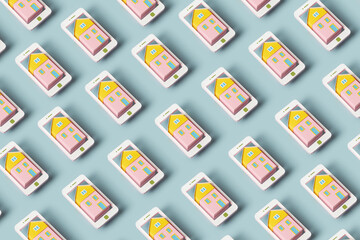 Pattern of repeated paper house inside smartphone mockup.