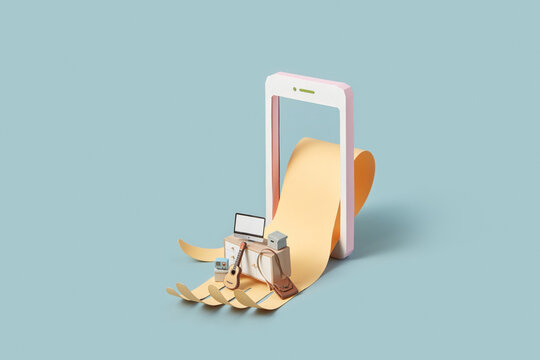 Tiny furniture on paper hand sticking out of smartphone.