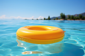 Fototapeta na wymiar Yellow swimming pool ring float in blue water, representing the vibrant colors of summer. Generative Ai, Ai.