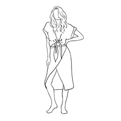 Summer fashion sketch vector art illustration. Line art drawing. Beautiful young girl in summer outfit . Stylized hand drawn ink painting.
