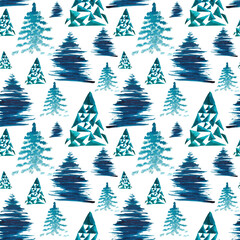 Watercolor seamless pattern Christmas tree hand drawn abstract style for use in textile, holiday packaging, packaging paper, design invitation. Forest nature print for decorating cards, wallpaper