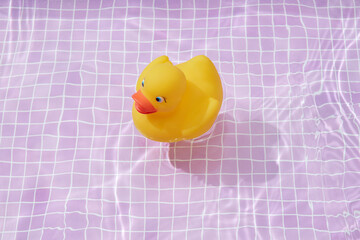 Yellow rubber ducky in pool water against pink tiles.