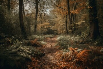 Obraz premium A stroll in fall through Delamere Woodland, Cheshire. Generative AI