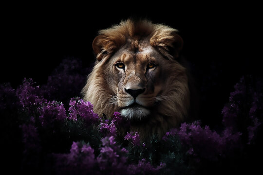 Violet Majesty: Lion Resting in a Colorful Embrace