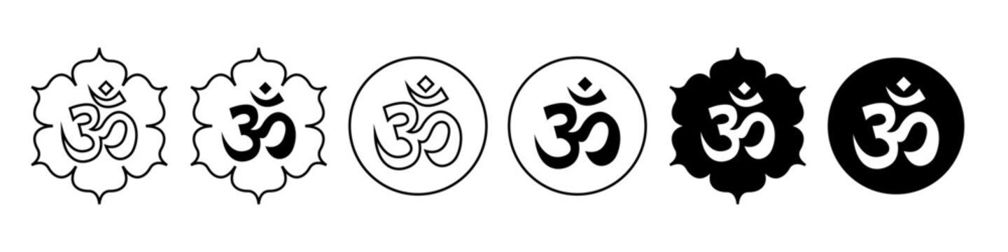 Om ohm Zen icon set. Collection of symbol of wellness mantra chant. Vector sign of god spirituality in asian india hindu. Round emblem badge of mystic shiva meditation yoga illustration web app ui use