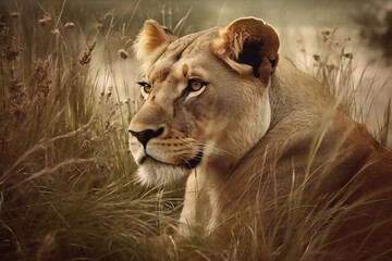 Wild Wonder: A Lioness's Majesty in the Grassy Expanse - obrazy, fototapety, plakaty