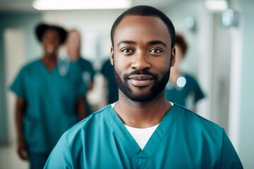 Young African male doctor smiling while standing in a hospital corridor with a diverse group of staff in the background,  Created using generative AI tools.