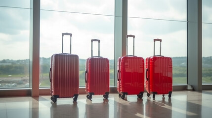 Suitcases in airport departure lounge, airplane in background, summer vacation concept, traveler suitcases in airport terminal waiting area, Created using generative AI tools.