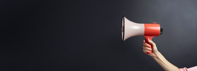 Hand holding megaphone loudspeaker - advertisement or announcement concept . Wide banner space for text left side. Generative AI