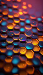 Closeup honeycomb grid texture with multi coloured neon light. Red and dark metal hexagon shaped pattern abstract background. Light modifier equipment. Metal honeycomb,  - obrazy, fototapety, plakaty