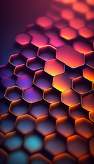 Closeup honeycomb grid texture with multi coloured neon light. Red and dark metal hexagon shaped pattern abstract background. Light modifier equipment. Metal honeycomb,  - obrazy, fototapety, plakaty