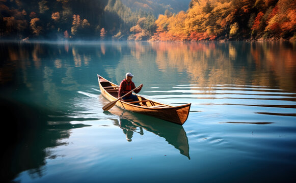 Person rowing on a calm lake in autumn, small boat with serene water around. Generative AI