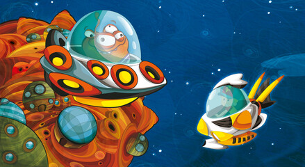 Cartoon funny colorful scene of cosmos galactic alien ufo isolated illustration for children